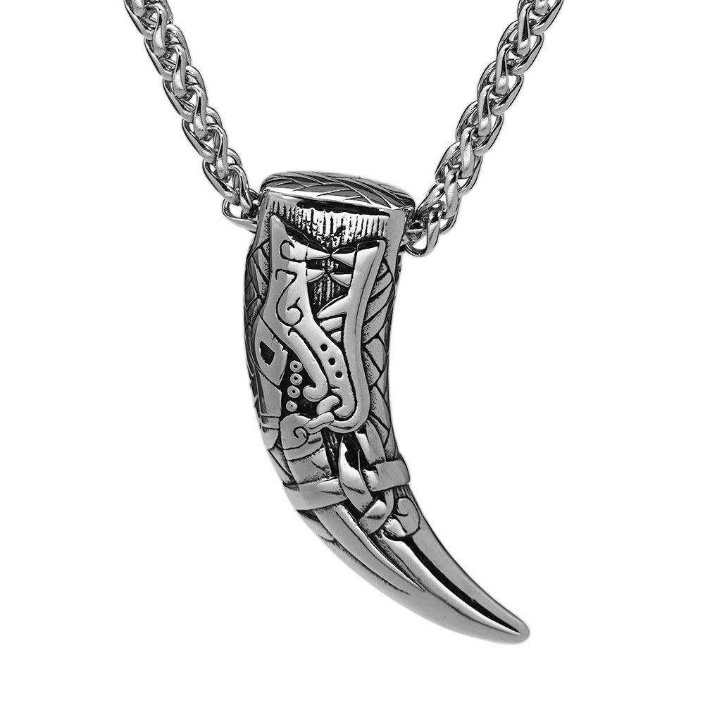 Stainless Steel Wolf Tooth Rune Pendant Necklace with chain