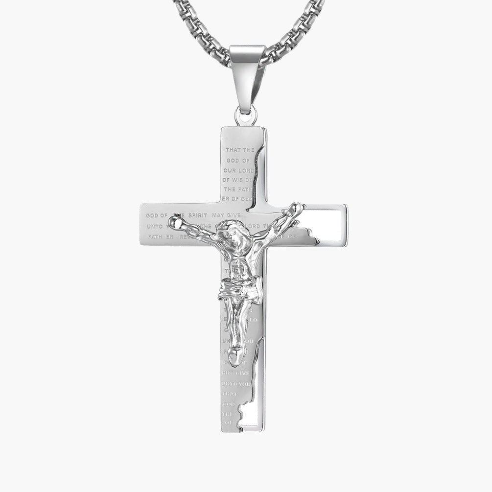 Crucifix Pendant Necklace with engraved scripture in silver finish view 5