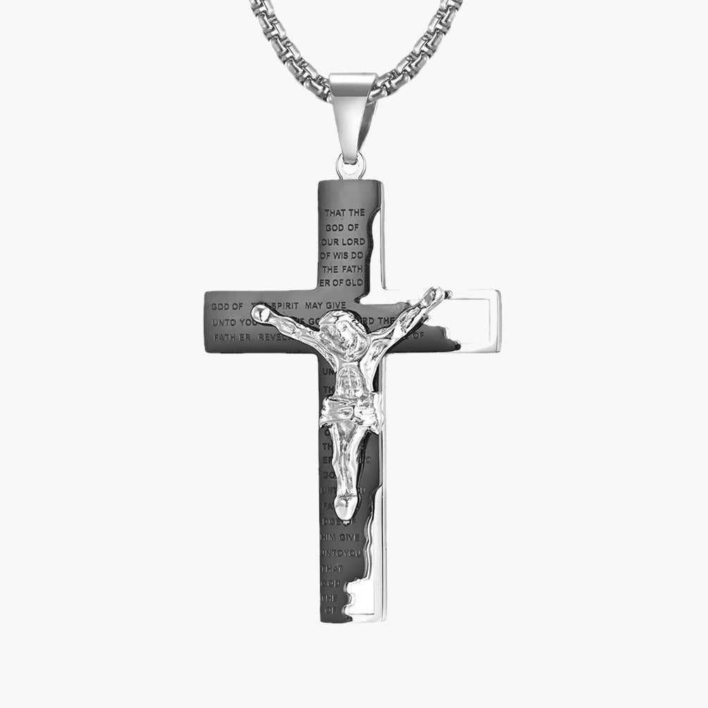 Crucifix Pendant Necklace with engraved scripture in silver finish view 2