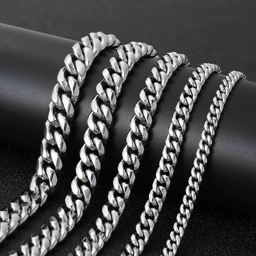 Cuban Link Stainless Steel Chain Necklace in silver, gold, and iridescent finishes