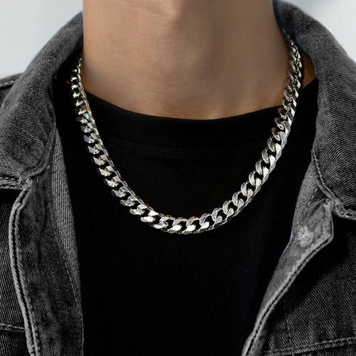 10mm Titanium Steel Cuban Link Chain, silver, on model