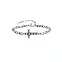 Stainless Steel Rolo Chain CZ Cross Bracelet with black stones view 4
