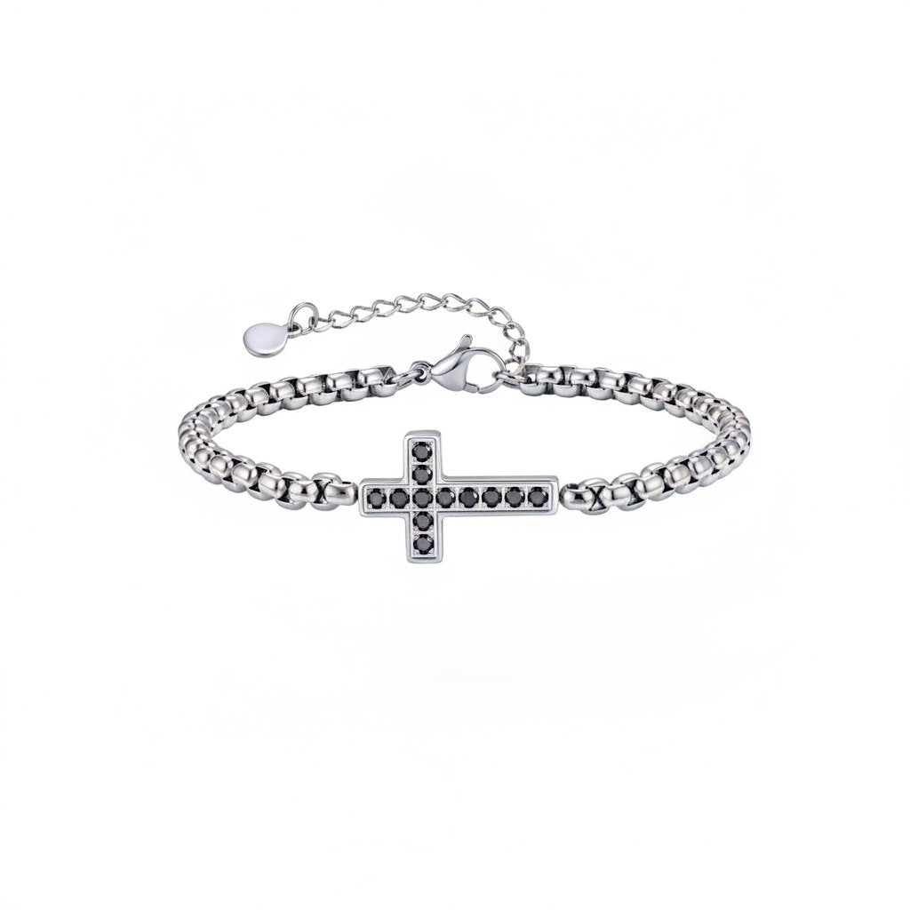 Stainless Steel Rolo Chain CZ Cross Bracelet with black stones view 4