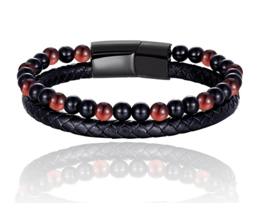 The Double-Strand Leather and Stone Bead Bracelet, view 6