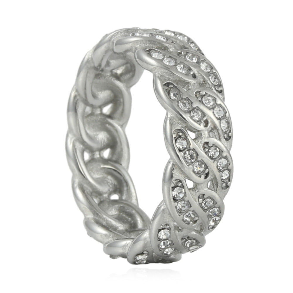 Titanium Steel Iced Cuban Link Ring, gold-tone with cubic zirconia view 2
