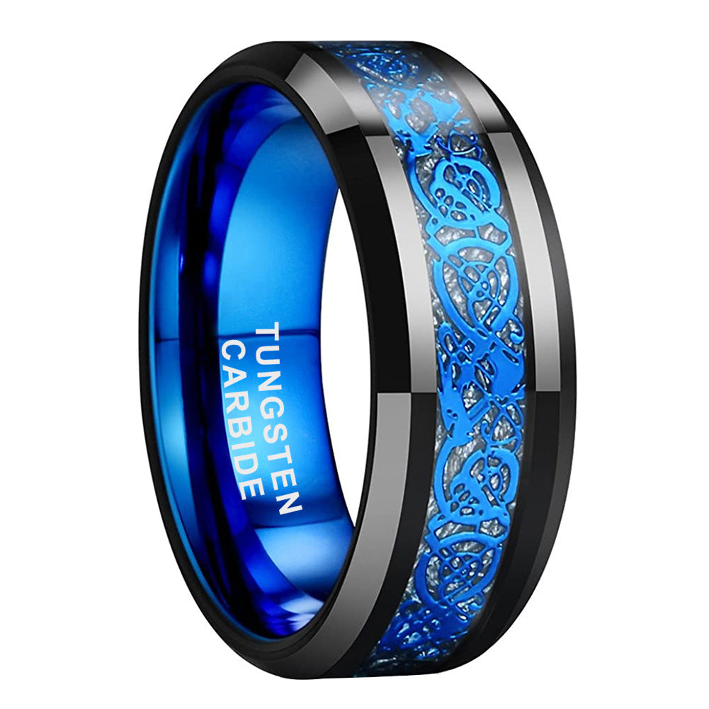 8mm Black Tungsten Carbide Dragon Ring with blue inlay