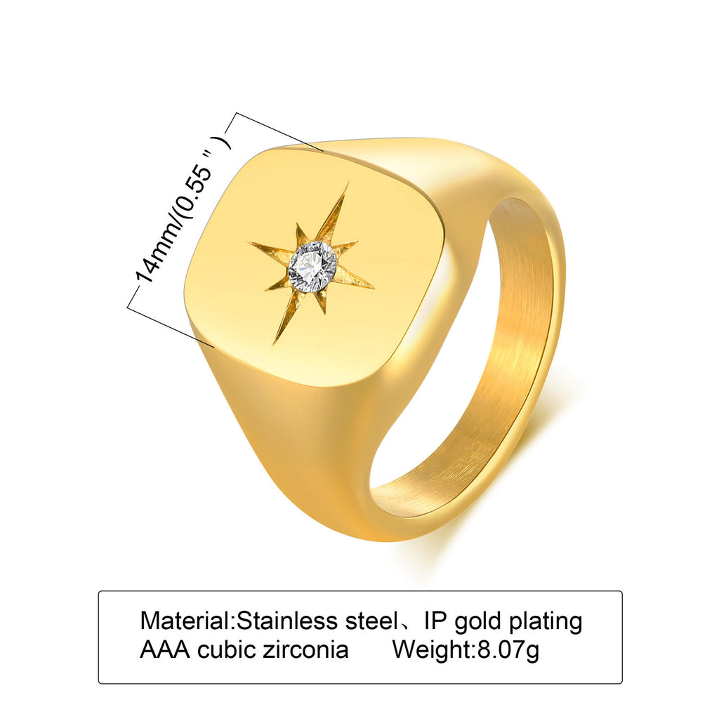 Gold-Tone Star Signet Ring, square face, starburst design view 3