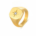Gold-Tone Star Signet Ring, square face, starburst design view 3