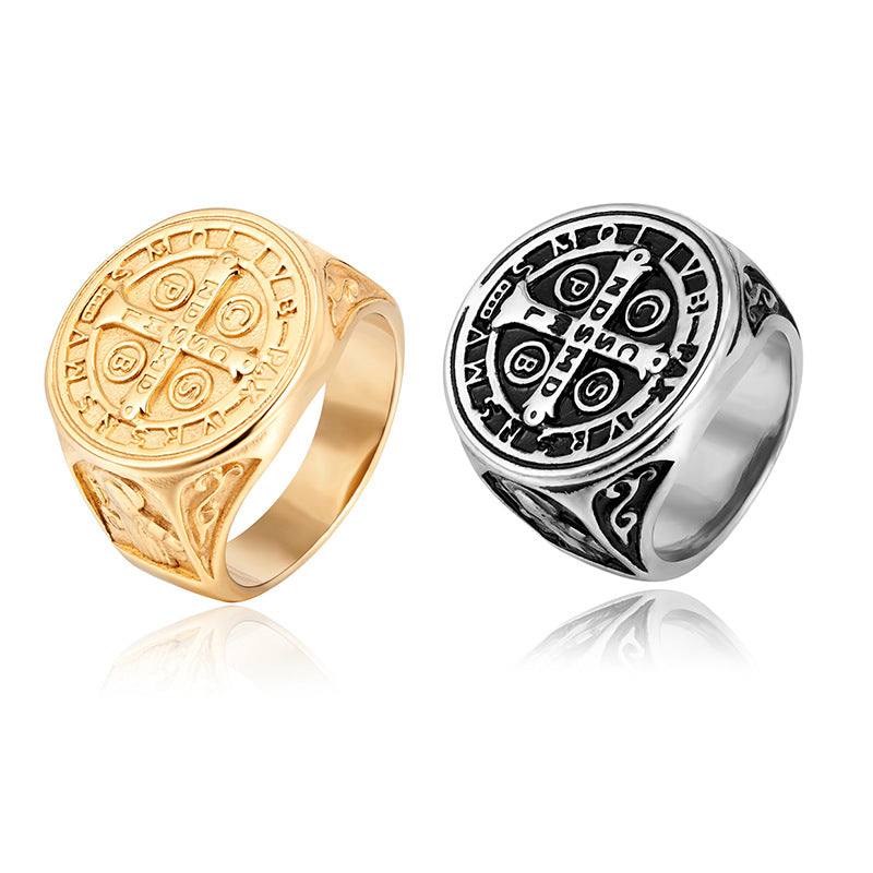 Saint Benedict Medal Signet Ring in gold-tone and silver-tone finishes