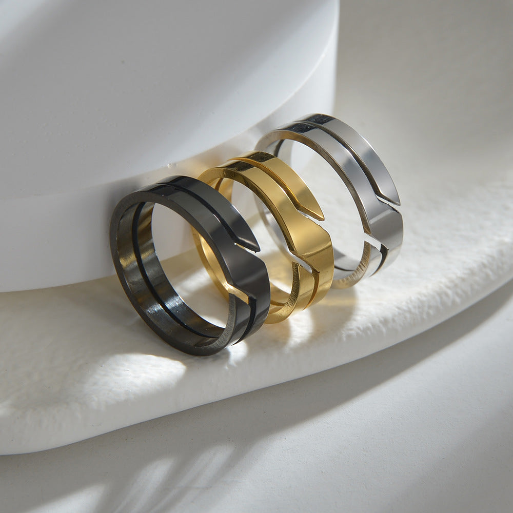 6mm Geometric Cut-Out Stainless Steel Ring in silver, gold, and black finishes
