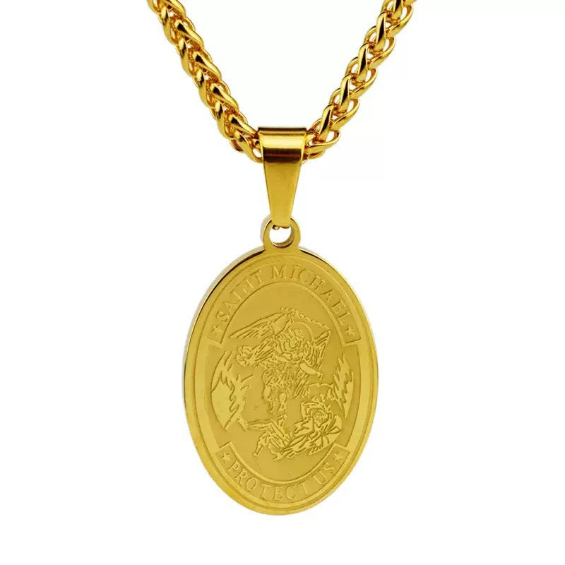 Saint Michael Oval Pendant Necklace in gold-tone, silver-tone, and black finishes