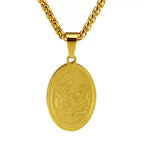 Saint Michael Oval Pendant Necklace in gold-tone, silver-tone, and black finishes