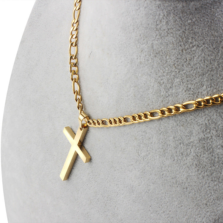 Titanium Steel Figaro Chain Cross Pendant gold-tone finish view 4