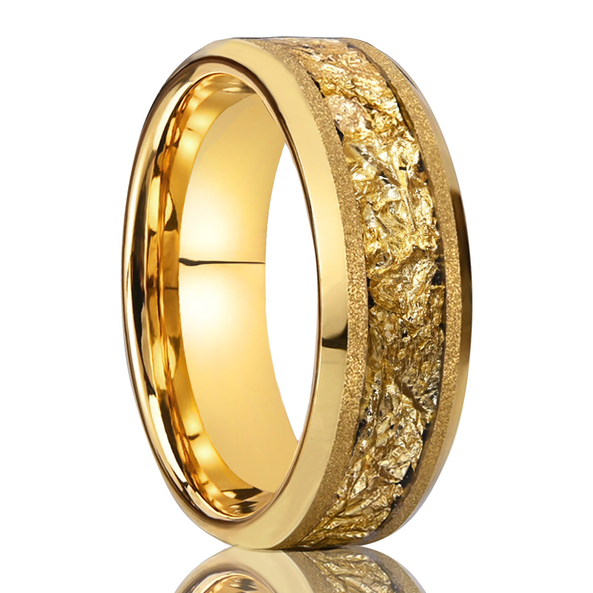 8mm Tungsten Carbide Gold Flake Inlay Ring - gold tone, textured