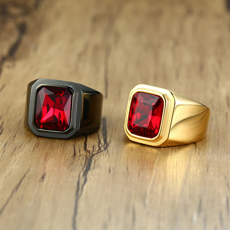 Geometric Red Gemstone Stainless Steel Ring - gold and black rings view 2