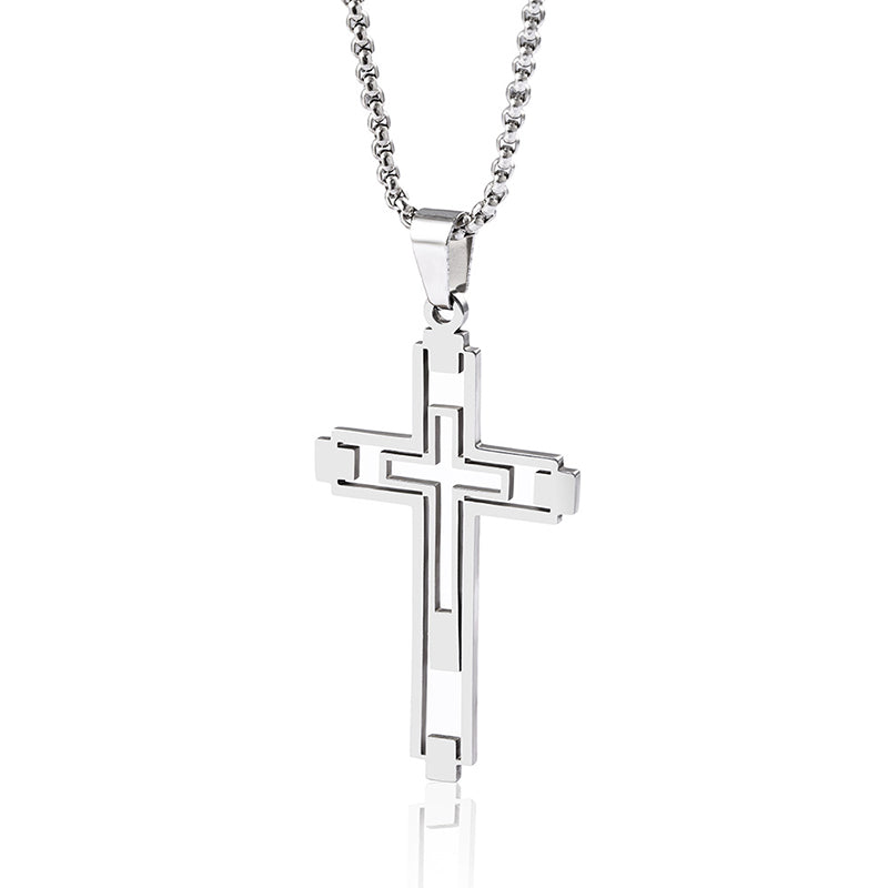 Hollow Geometric Cross Pendant Necklace, silver-tone on dark background view 5