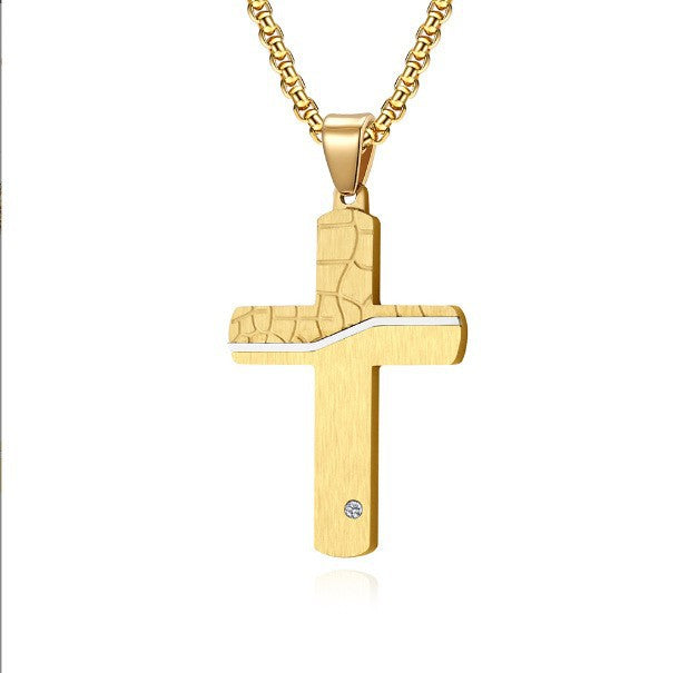 Two-Tone Inlaid Cross Pendant Necklace Black Silver finish view 4