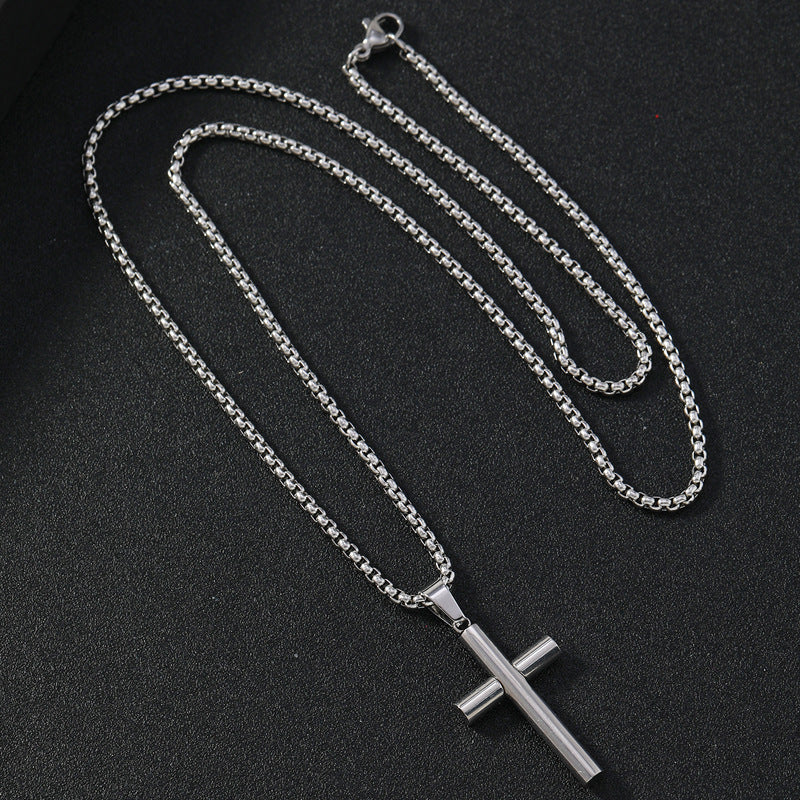 Cylindrical Cross Stainless Steel Pendant Necklace, silver color view 2