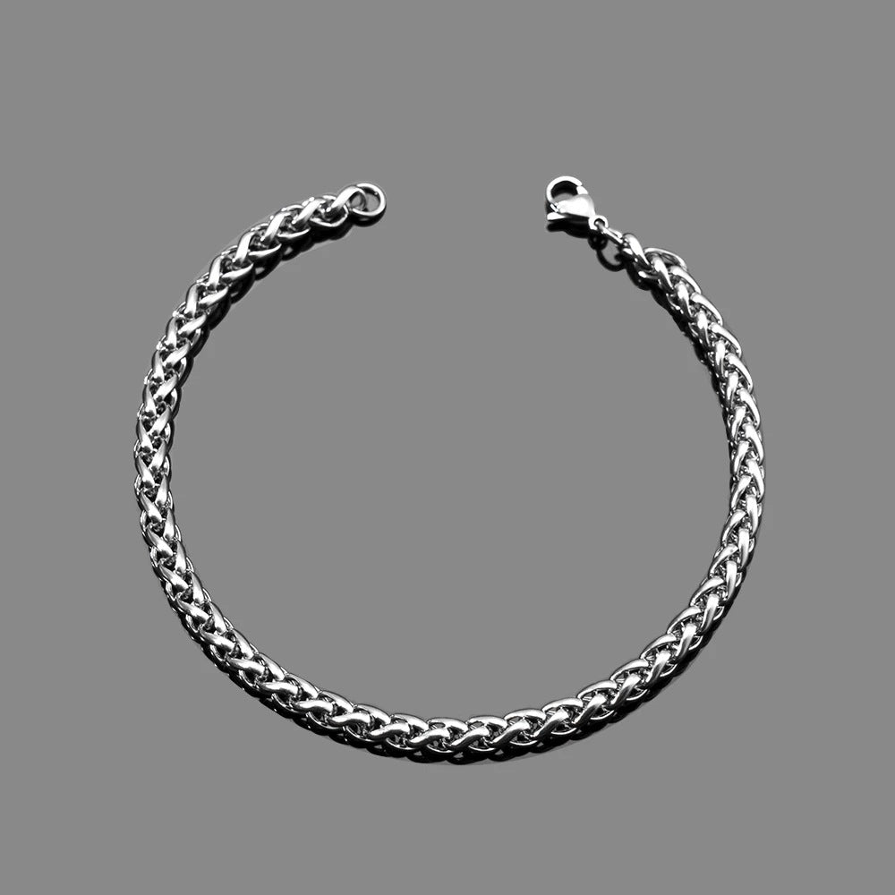 3-6mm Stainless Steel Wheat Chain Bracelet, silver finish