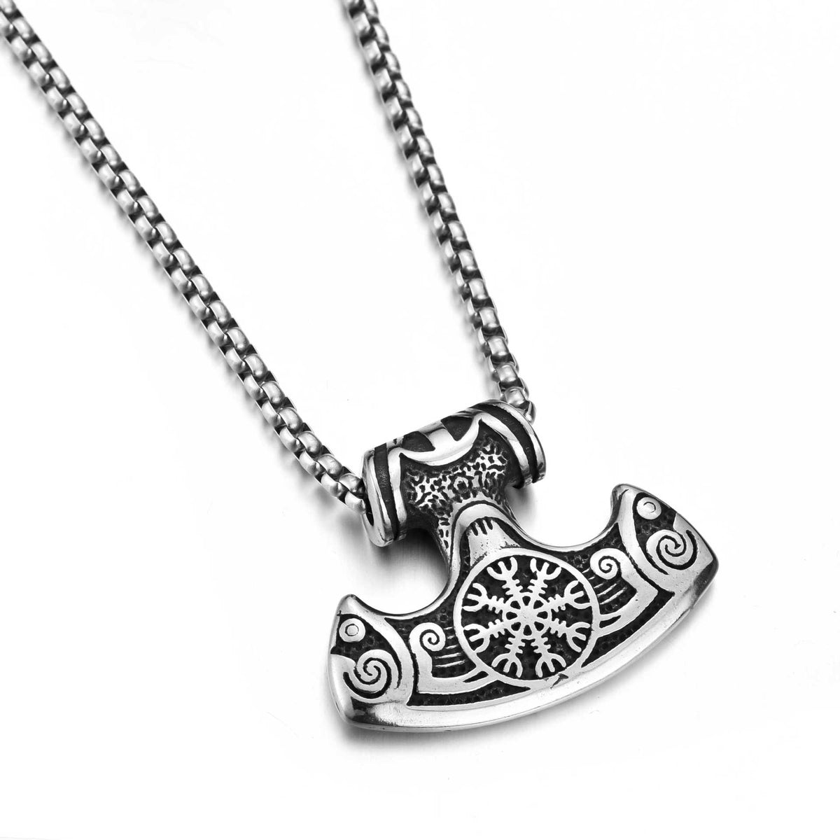 Titanium Steel Viking Hammer Pendant Necklace with Aegishjalmr symbol view 2