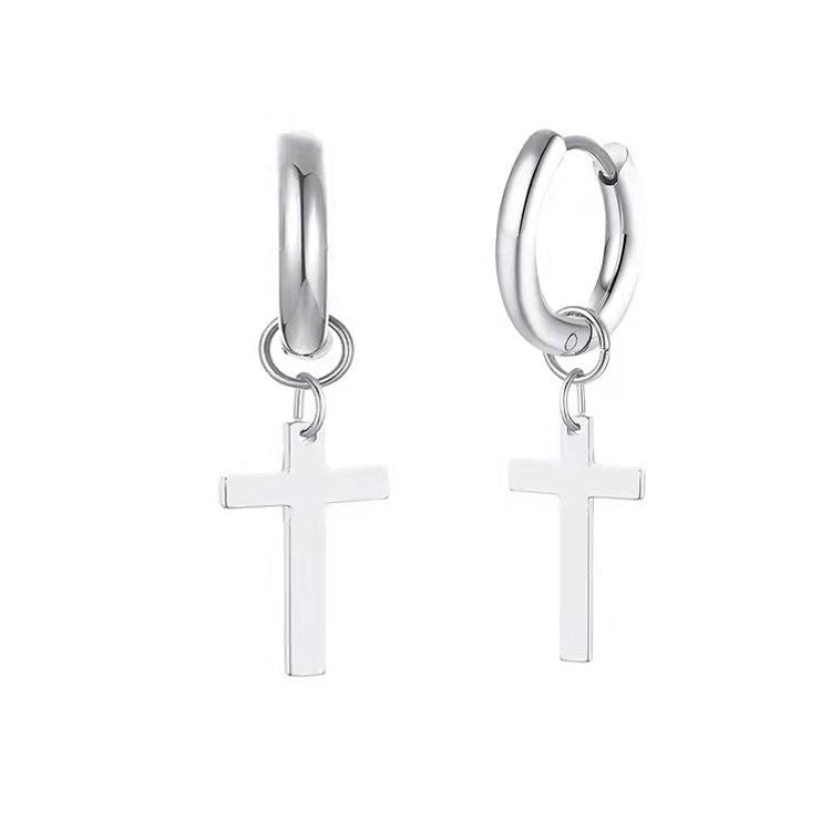 Titanium Steel Cross Dangle Hoop Earrings, silver, gold, black