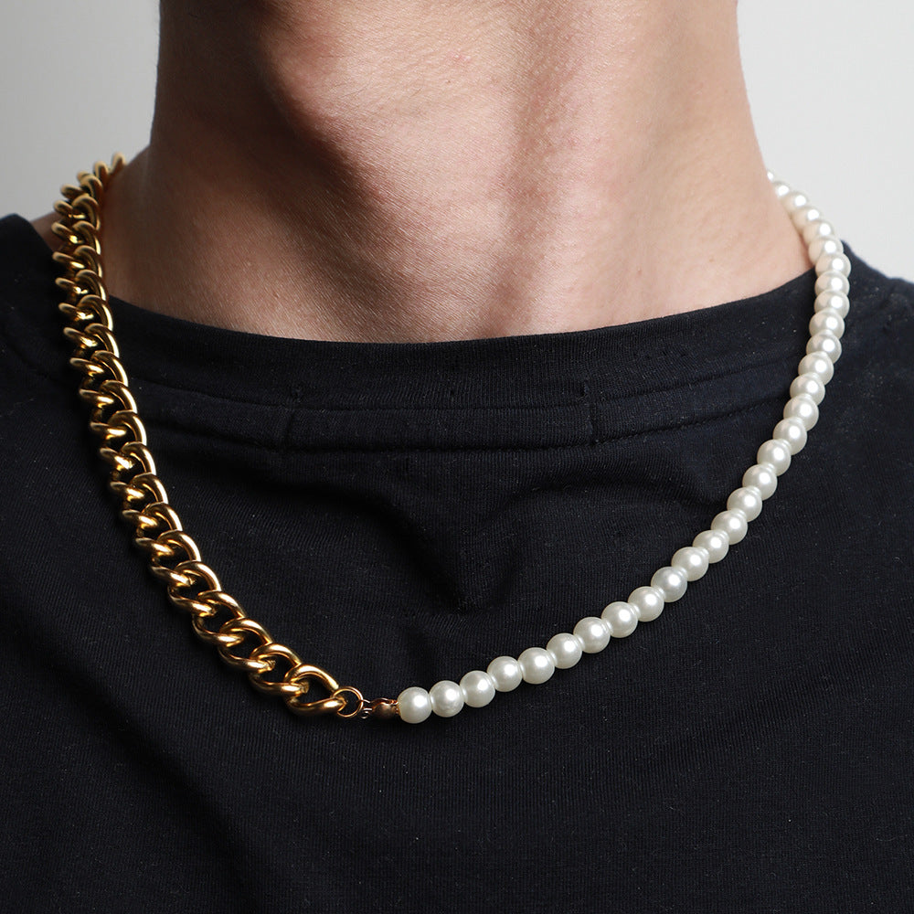 The Half Pearl Cuban Chain Necklace in Titanium Steel