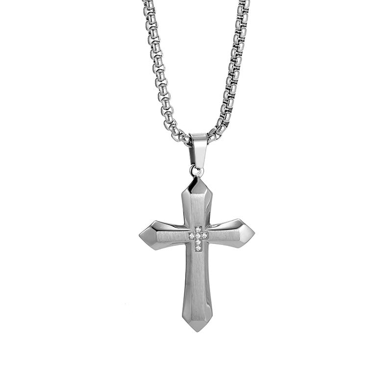 The Zircon Cross Pendant Necklace in Titanium Steel, view 8