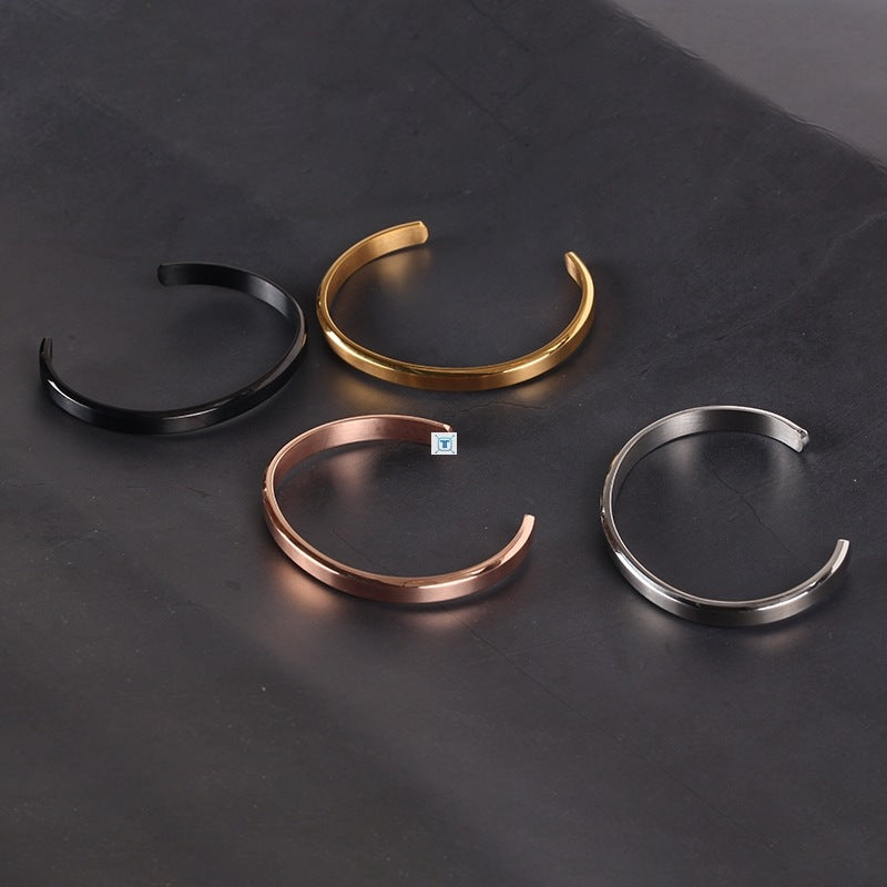 Minimalist Stainless Steel Cuff Bracelet gold-tone on wrist view 2
