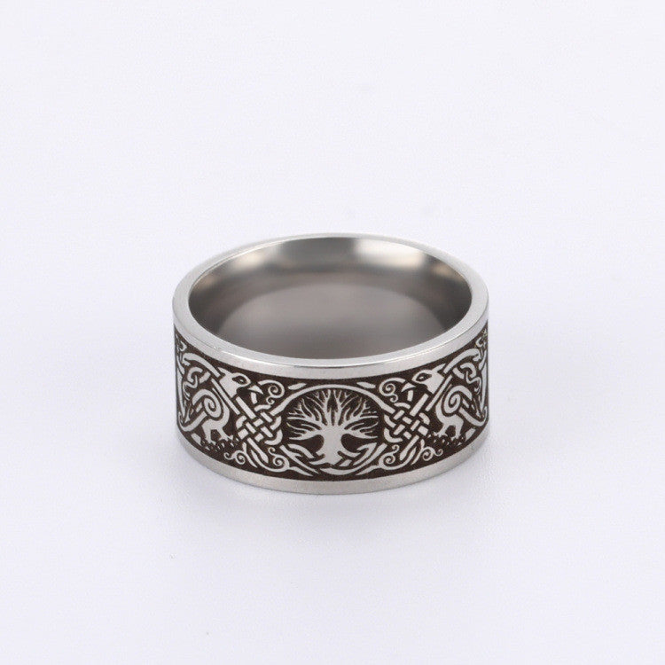 Stainless Steel Tree of Life Band with etched Viking motif