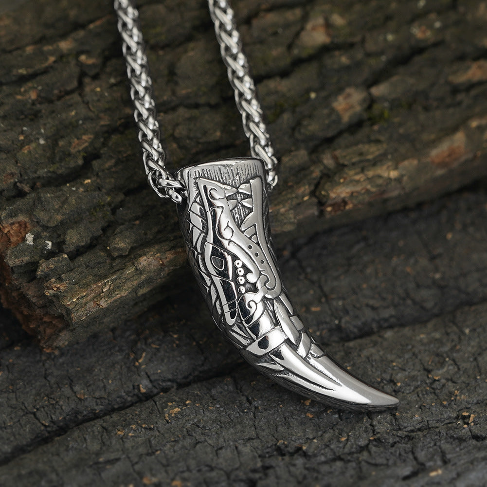 Stainless Steel Wolf Tooth Rune Pendant Necklace with chain view 4