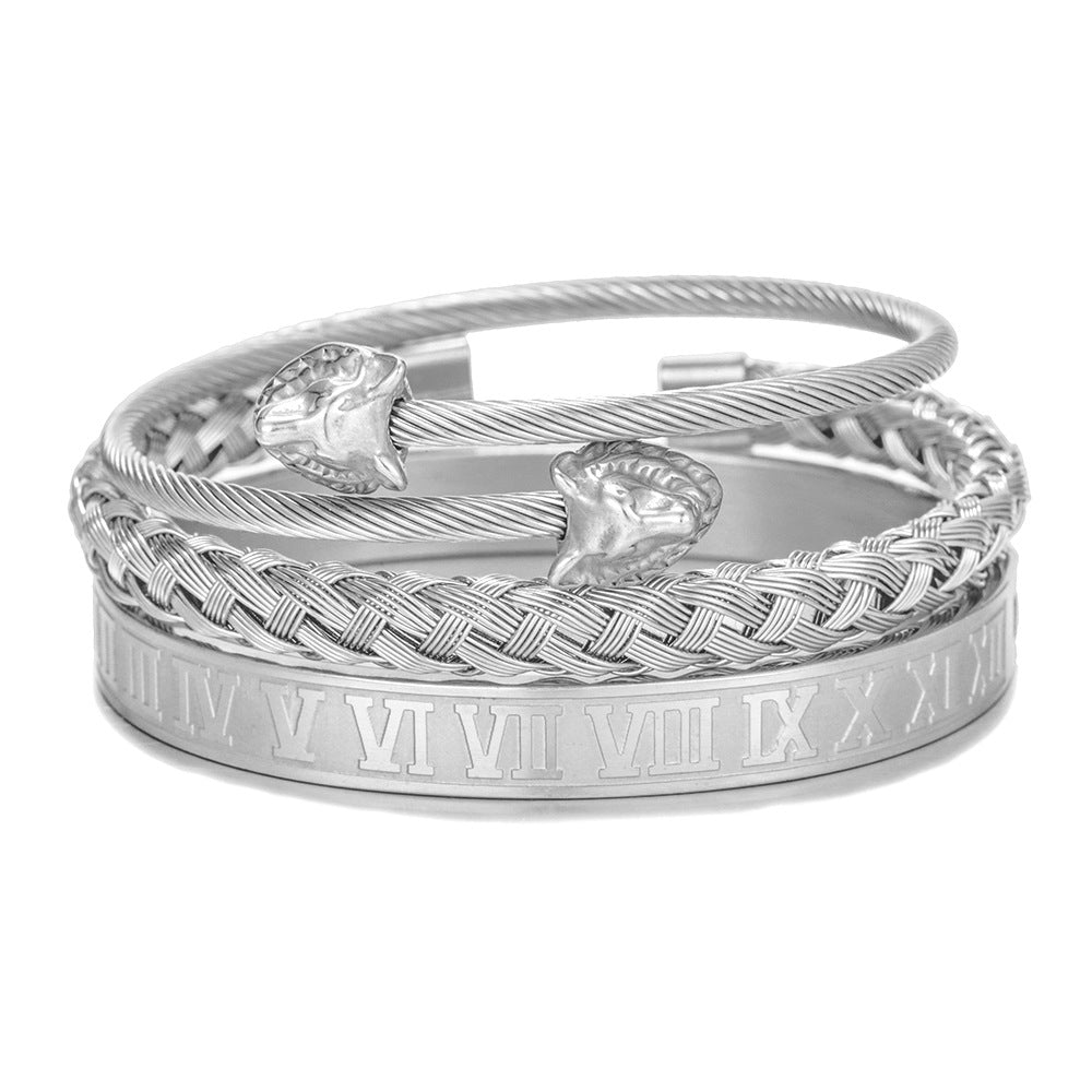Stainless Steel Roman Numeral Bracelet Set with gold-tone accents view 2
