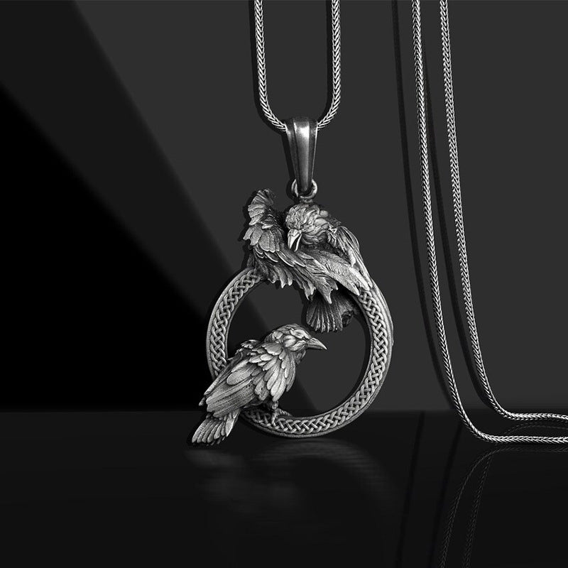 Black Titanium Steel Raven Pendant Necklace with two ravens and knotwork