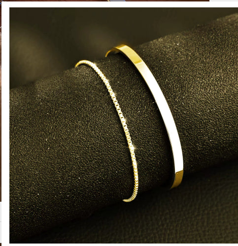 Stainless Steel Cuff and Curb Chain Bracelet Set in silver tone with etched details view 6