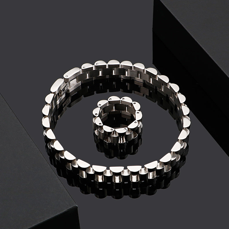 Titanium Steel President Link Bracelet and Ring Set in gold-tone view 2