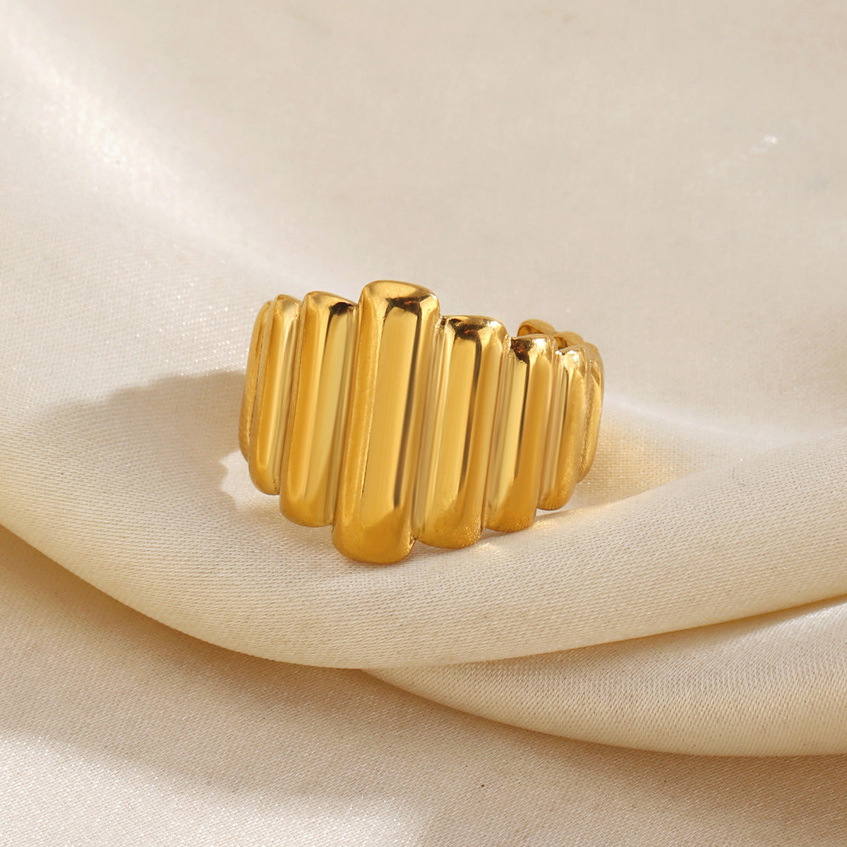 Vertical Stripe Stainless Steel Cuff Ring, gold-tone, ribbed texture view 2