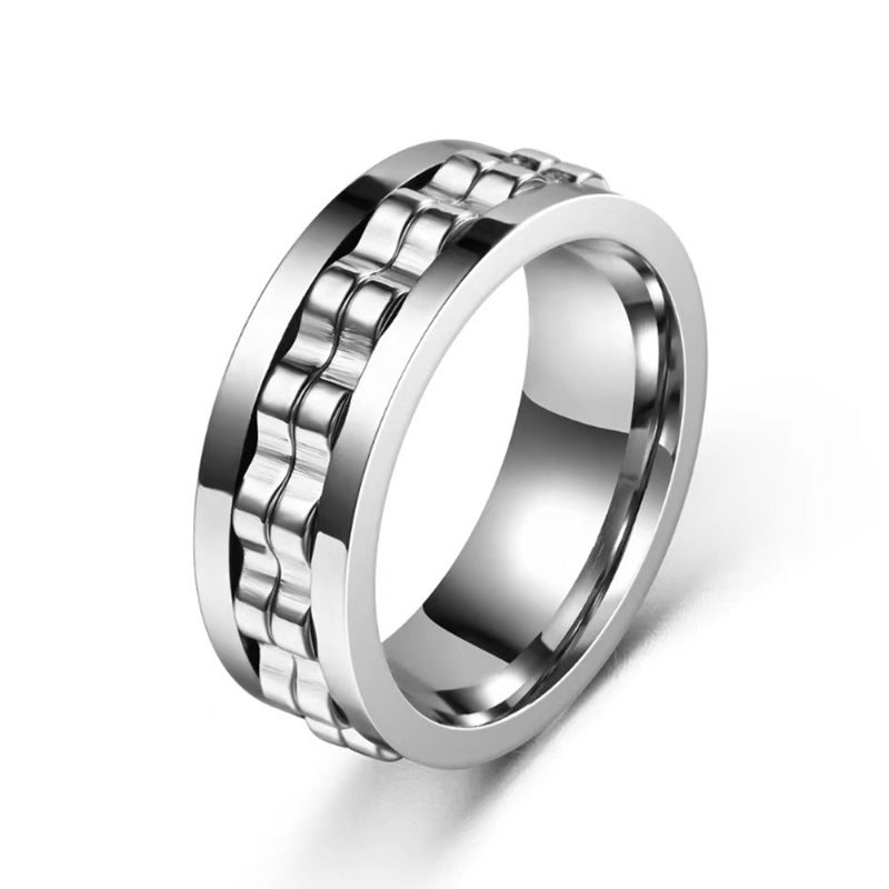Stainless Steel Textured Spinner Ring with a gold-tone inner band view 2
