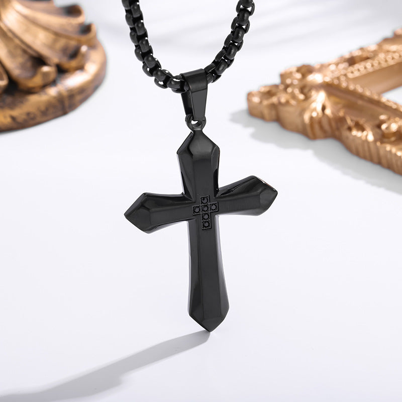 The Zircon Cross Pendant Necklace in Titanium Steel, view 5