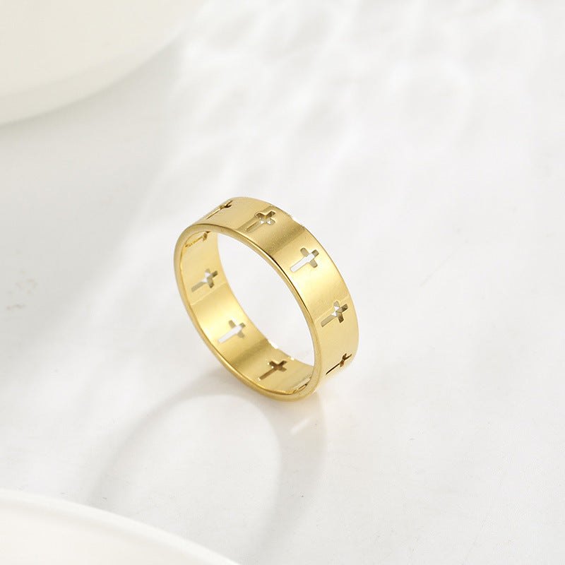 Hollow Cross Stainless Steel Band Ring - silver, cross pattern, minimalist view 4