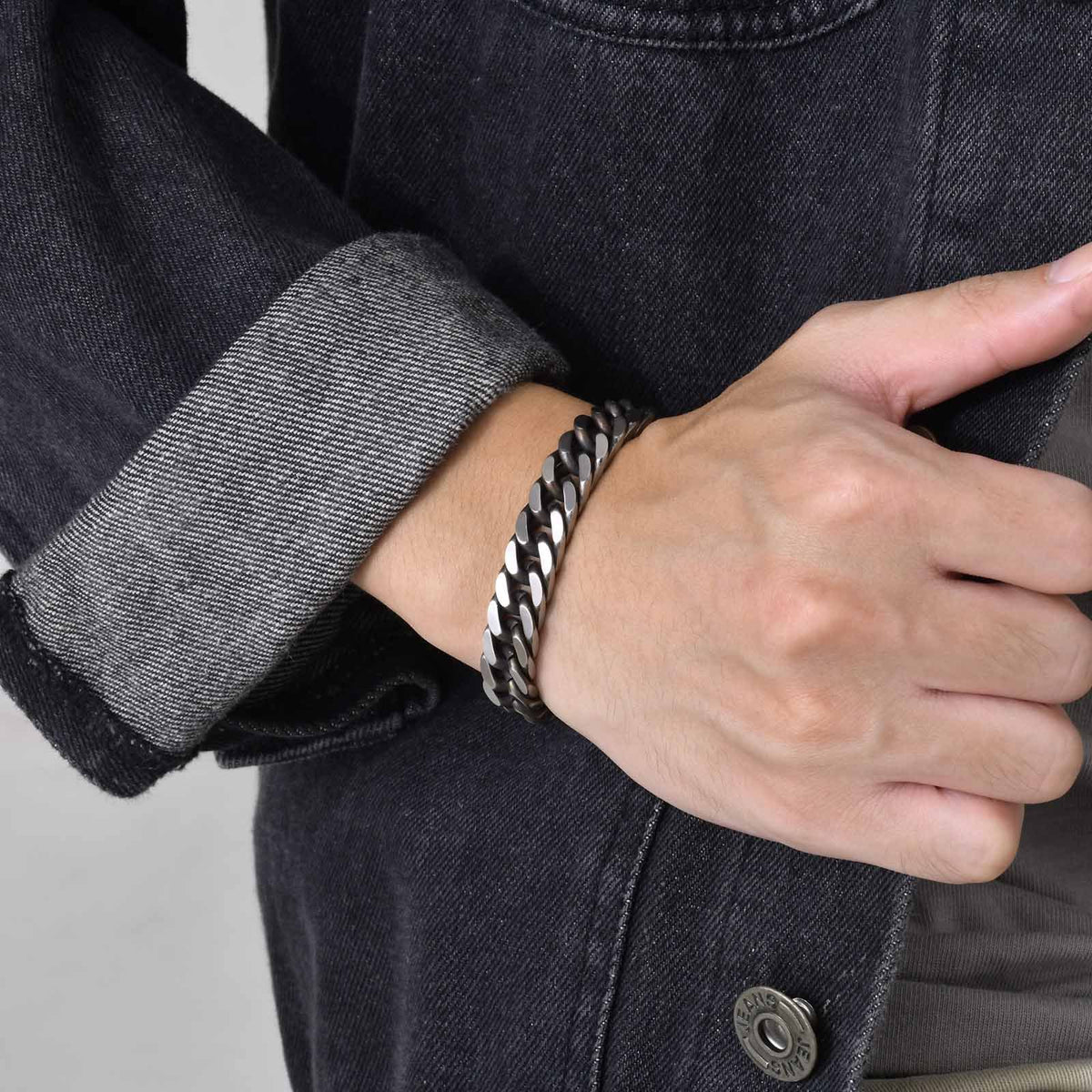 The Antiqued Cuban Bracelet in Stainless Steel, view 2