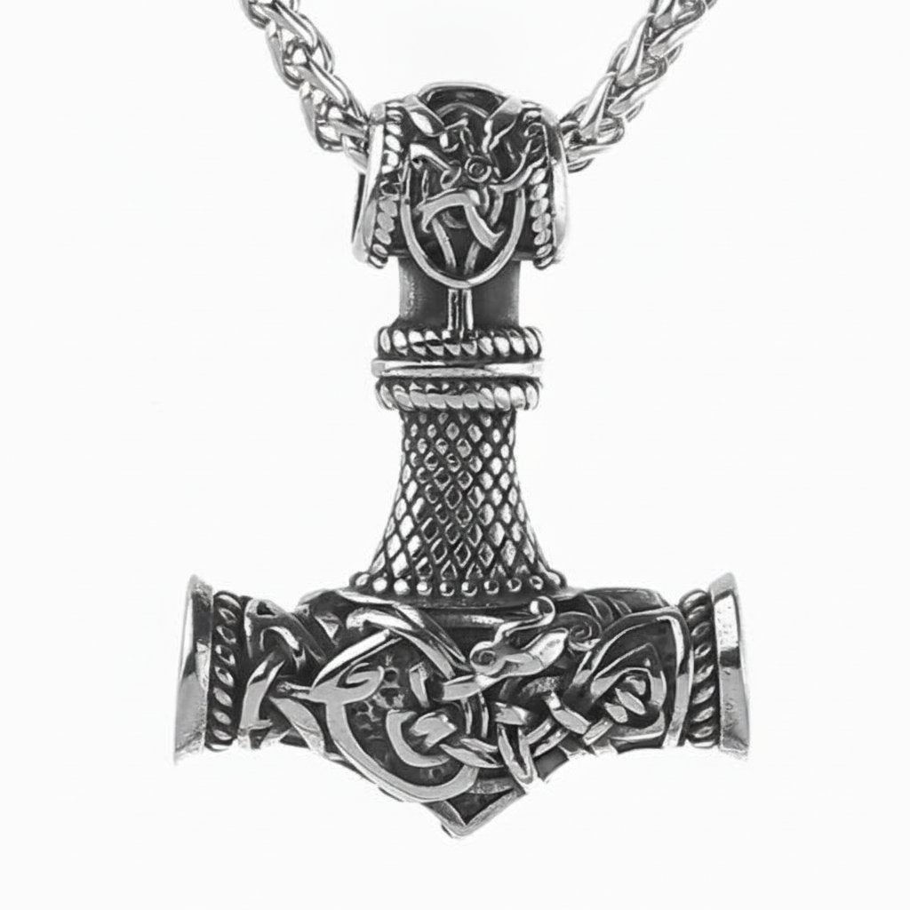 Viking Mjolnir Hammer Pendant Necklace with intricate knotwork on a wheat chain view 8