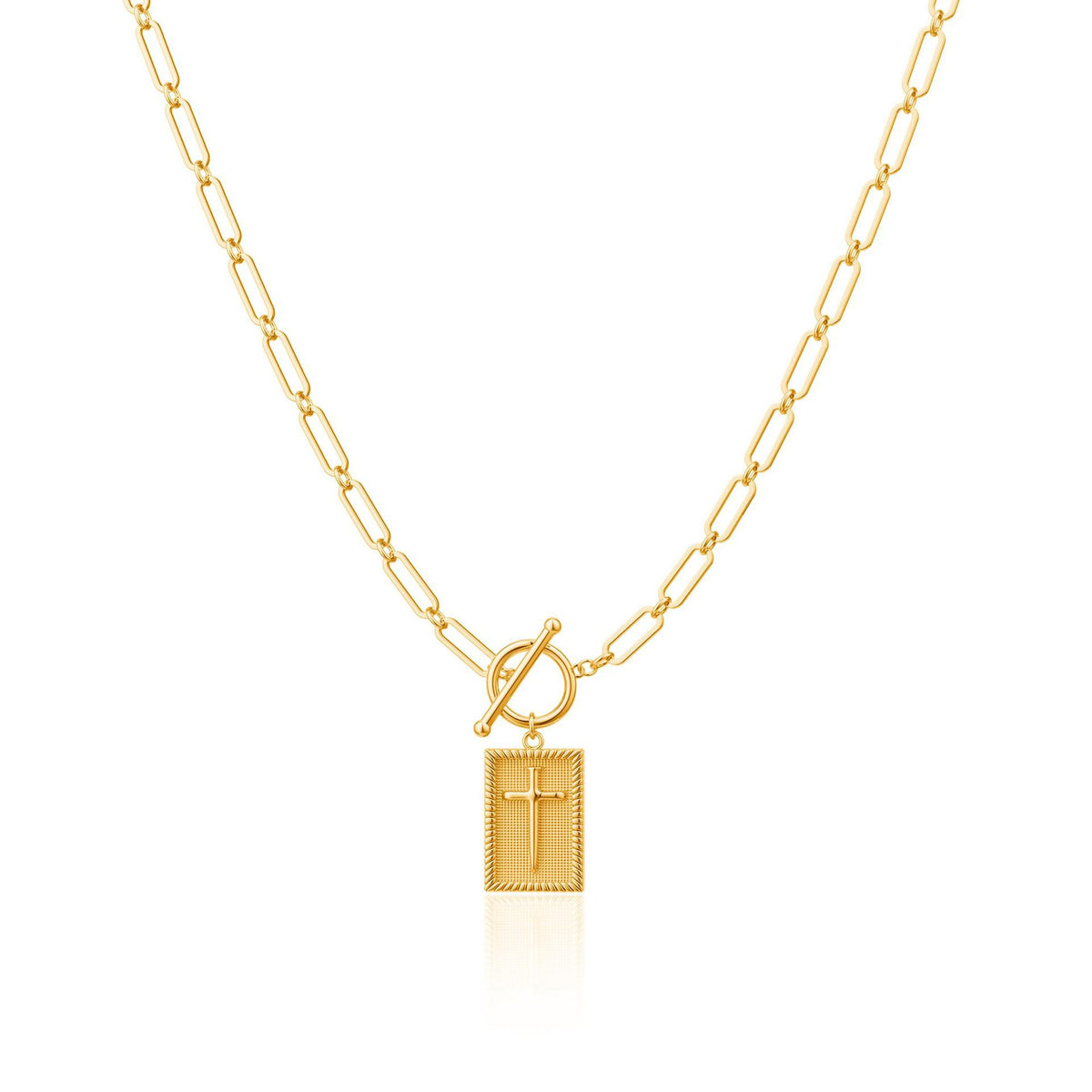 Paperclip Link Cross Tag Necklace silver-tone textured cross view 2