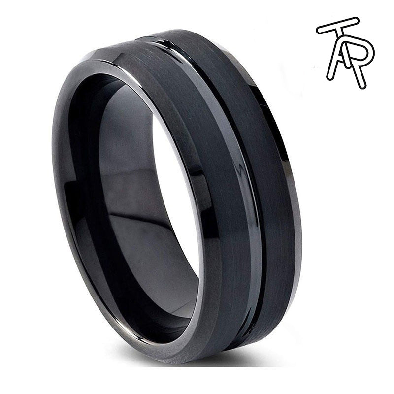 Black Tungsten Carbide Groove Band, brushed and polished view 5