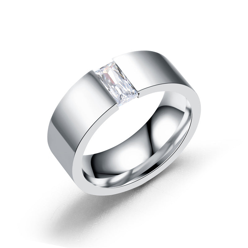 Stainless Steel Baguette Cubic Zirconia Ring, silver finish, wide band view 2