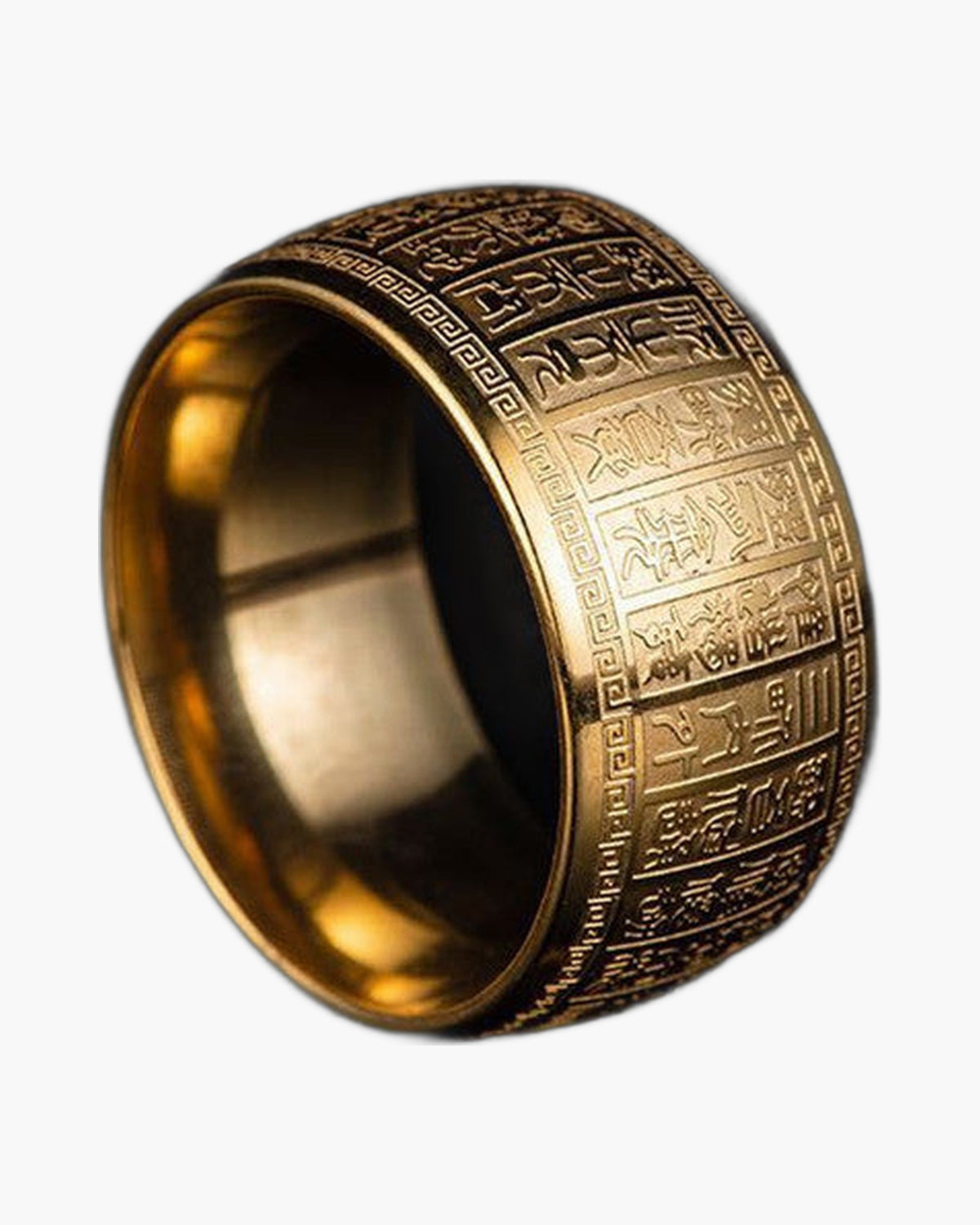 Etched Stainless Steel Band Ring, gold-tone finish, wide band, detailed pattern view 3
