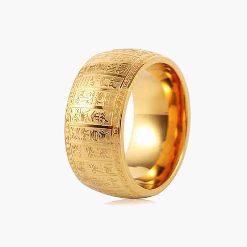 Etched Stainless Steel Band Ring, gold-tone finish, wide band, detailed pattern