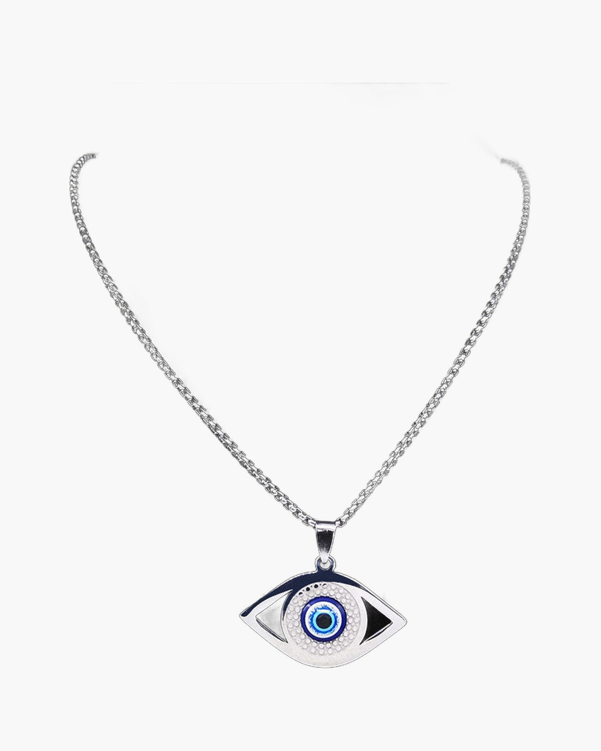 Evil Eye Stainless Steel Pendant Necklace silver on black background