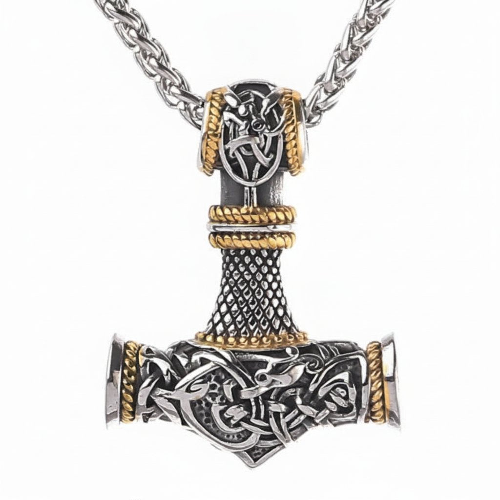 Viking Mjolnir Hammer Pendant Necklace with intricate knotwork on a wheat chain view 7
