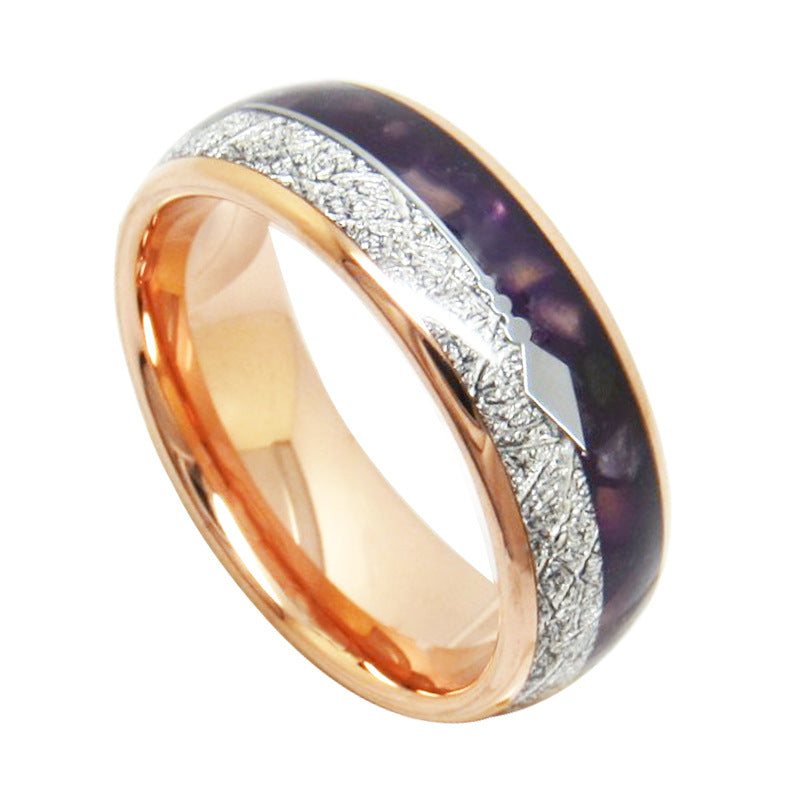 Rose Gold Tungsten Carbide Inlaid Ring with purple lapis lazuli and silver-tone inlay