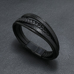 Multi-Strand Braided Leather Bracelet black color magnetic clasp