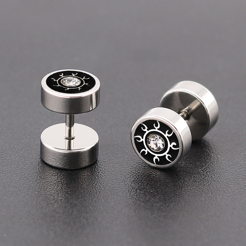Barbell Stud Earrings with Inlay - Gold-tone geometric floral stud view 3